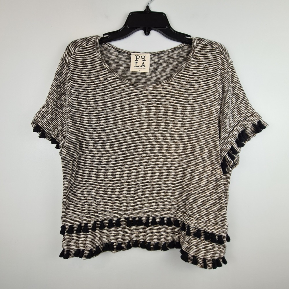 PPLA Womens Metallic Striped Tassel Trim Knit Top Medium Boho Festival Knit‎